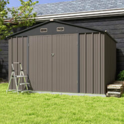 Patiowell 10×10 ft Metal Outdoor Storage Shed with Sloping Roof & Lockable Doors, Coffee Brown EU33