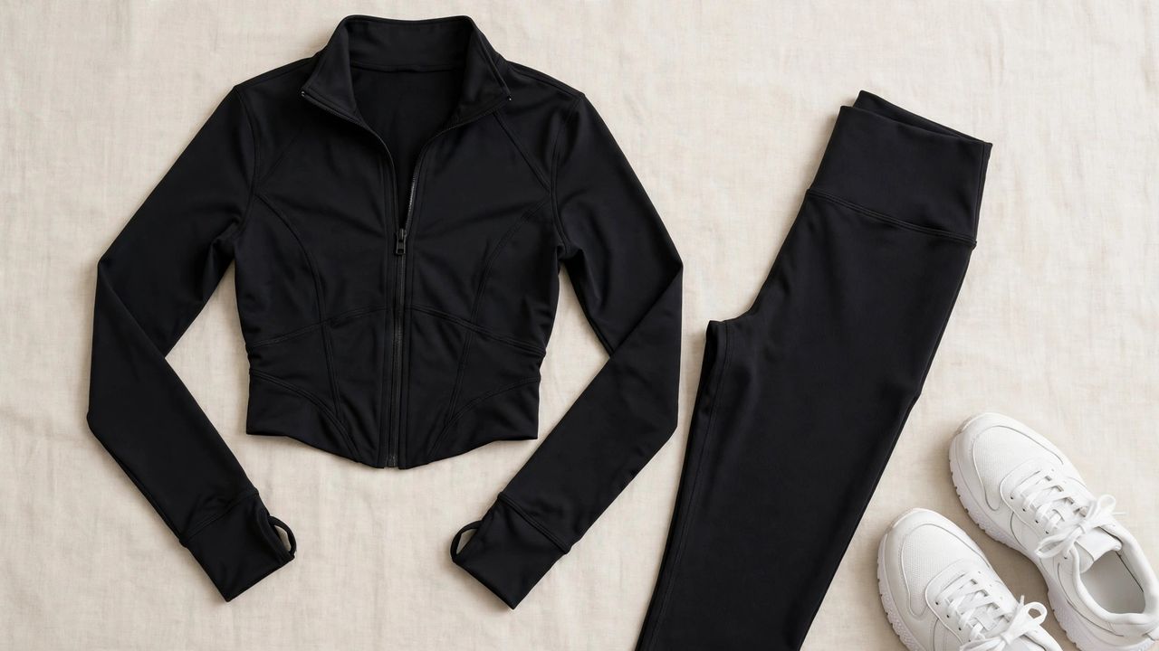 What Is a BBL Jacket? Best Picks And Dupes 2026 2 Black cropped BBL zip-up jacket flat-lay with high-waisted leggings and white sneakers