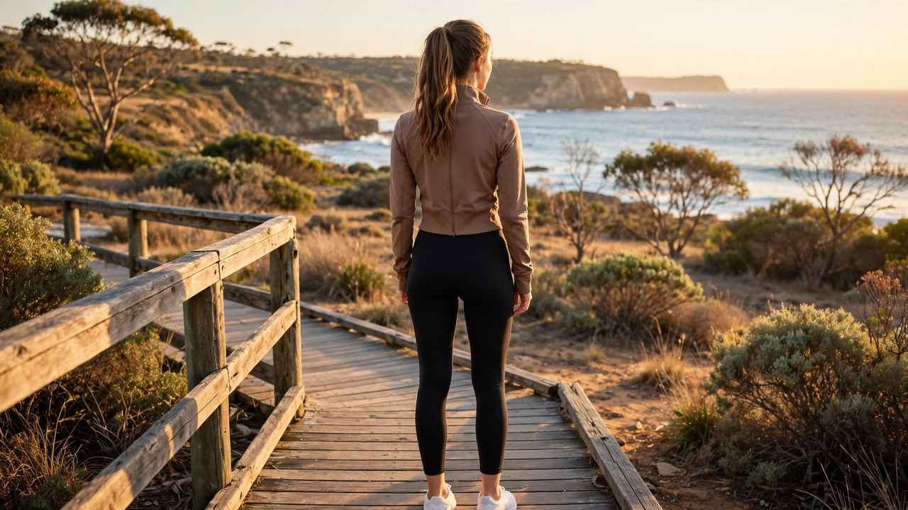 What Is a BBL Jacket? Best Picks And Dupes 2026 3 Woman wearing a fitted cropped BBL zip jacket with high-waisted black leggings on a coastal boardwalk at golden hour