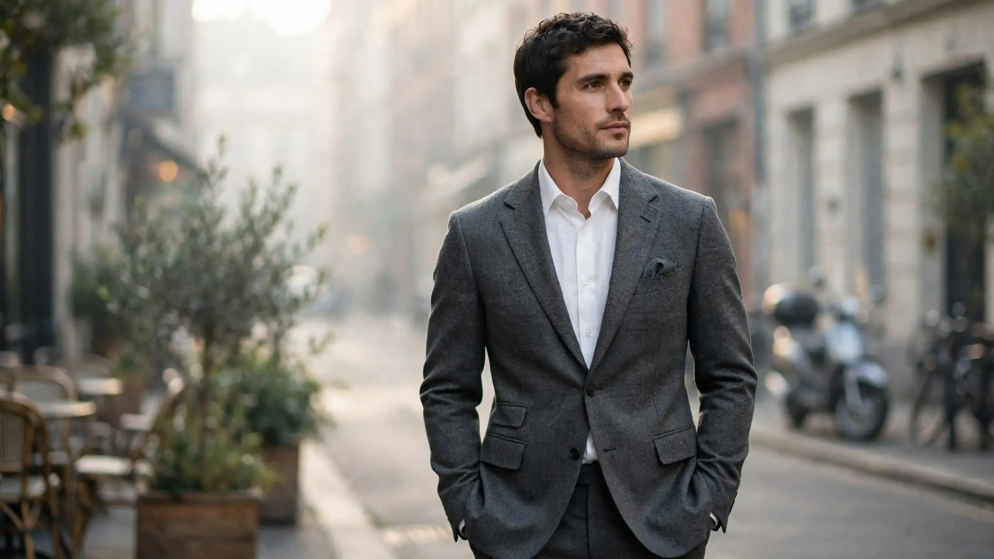 Man in a charcoal grey flannel suit, menswear editorial