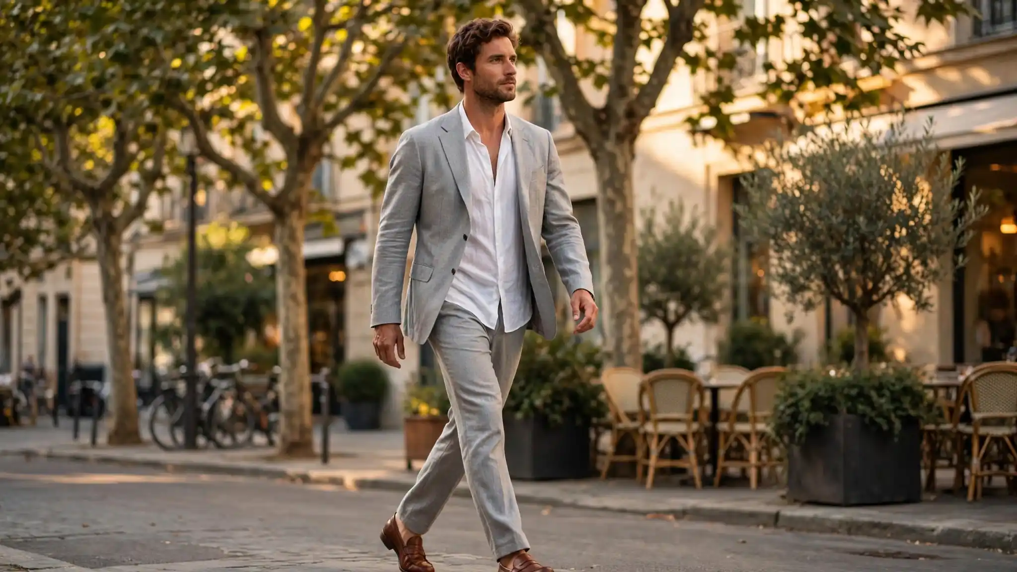 Man in a light grey suit with open-collar shirt and loafers