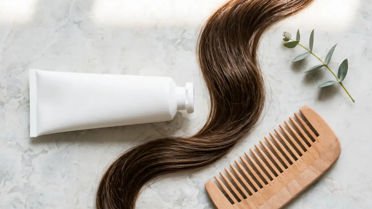 K18 hair mask flat lay with wooden comb and healthy hair