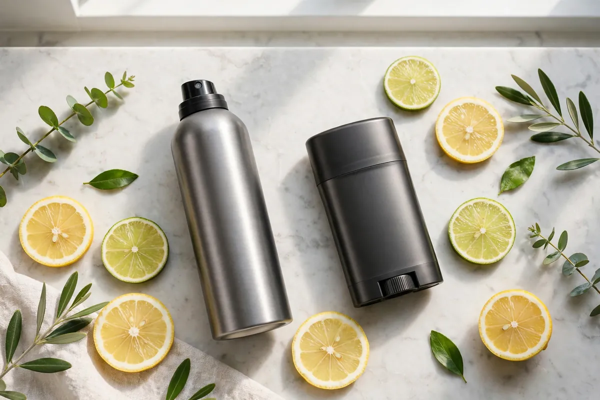 Lacoste deodorant spray bottles in a fresh citrus and eucalyptus setting