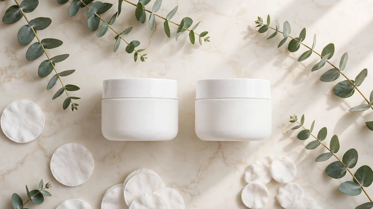Two plain white moisturiser jars side by side with eucalyptus sprigs for CeraVe dupe comparison